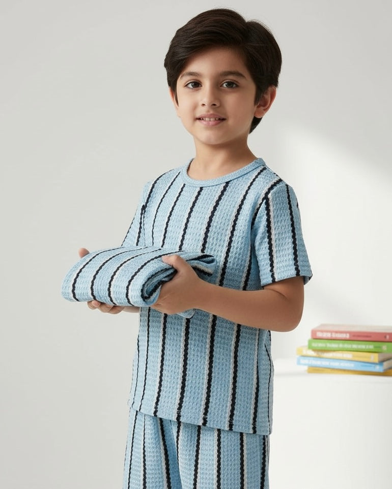 Boys Blue Waffle Stripe 2pcs Summer Set – T-Shirt & Shorts