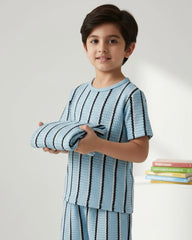 Boys Blue Waffle Stripe 2pcs Summer Set – T-Shirt & Shorts