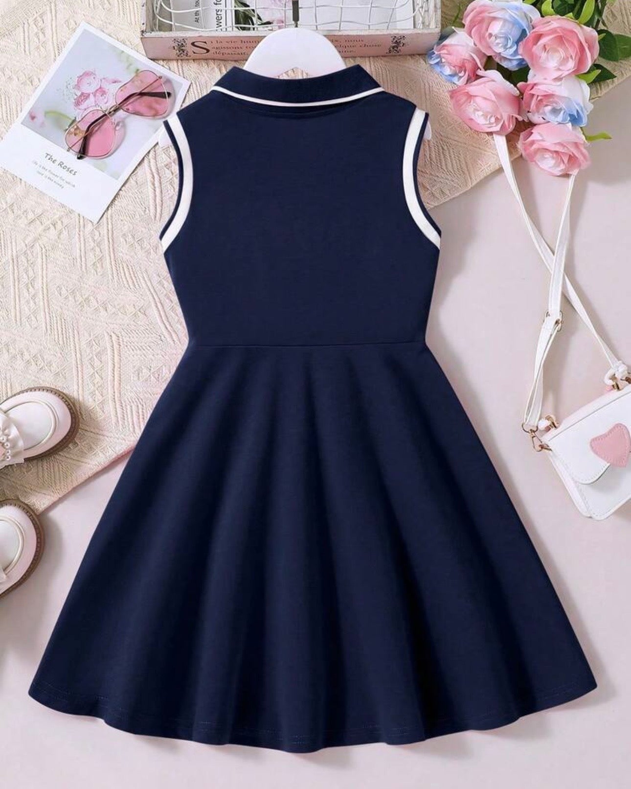 Girls' Bow Print Polo Collar Casual Dress