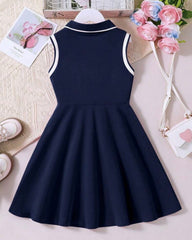Girls' Bow Print Polo Collar Casual Dress