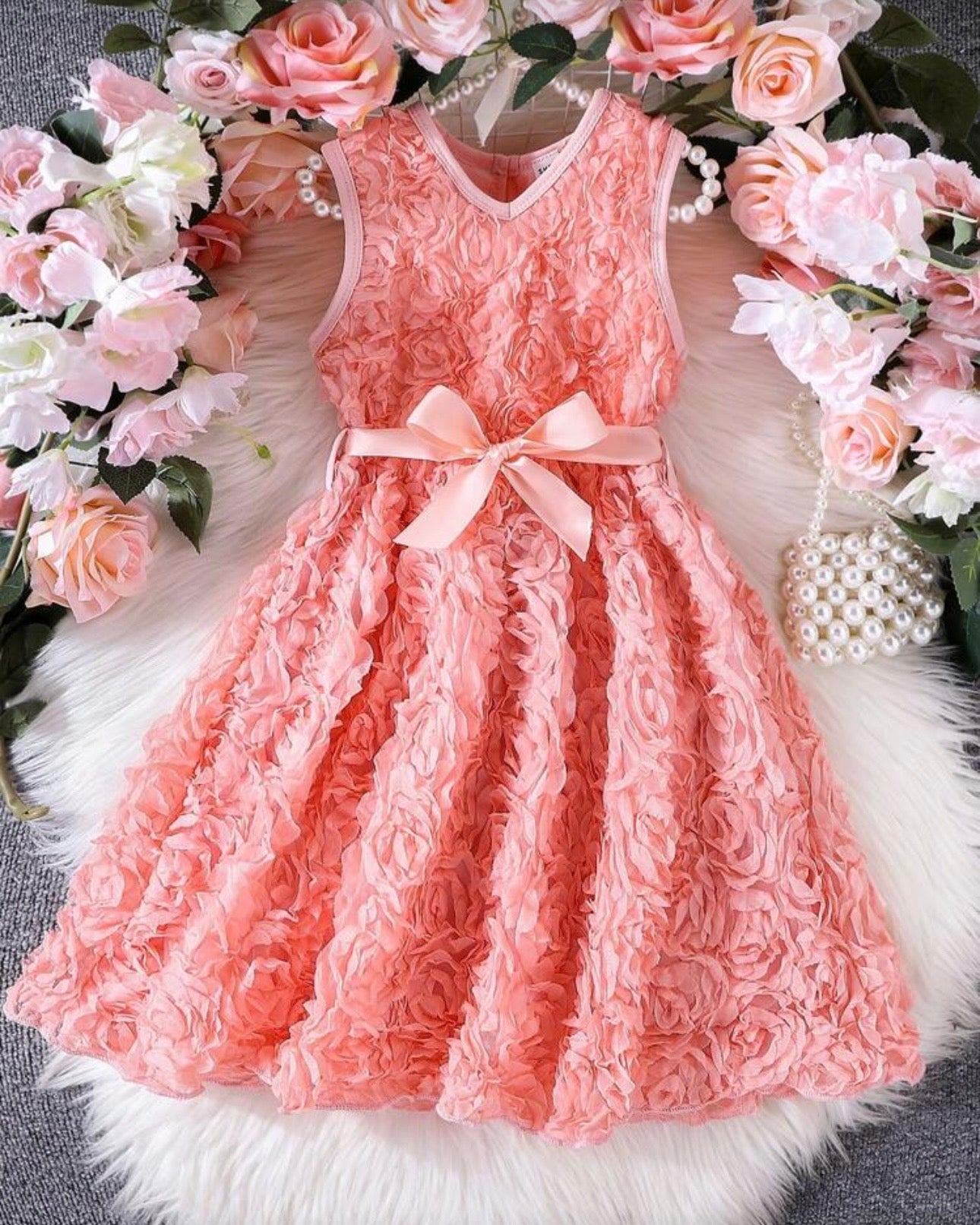 Pink 3D Rose Flower Waist-Cinching Princess Gown