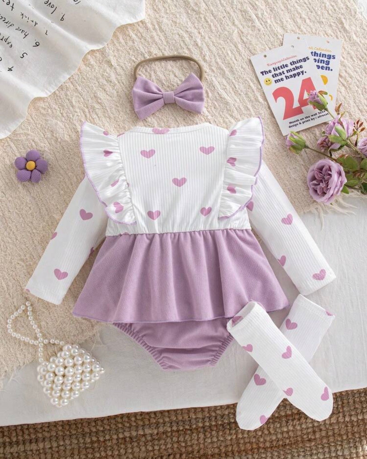 Baby Girl 3D Purple Heart Flutter Sleeve Denim Overall Bodysuit + headband and Socks