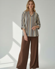2pcs Set – women’s Textured Colorful Stripe Long Sleeve Shirt & Wide Leg Pants