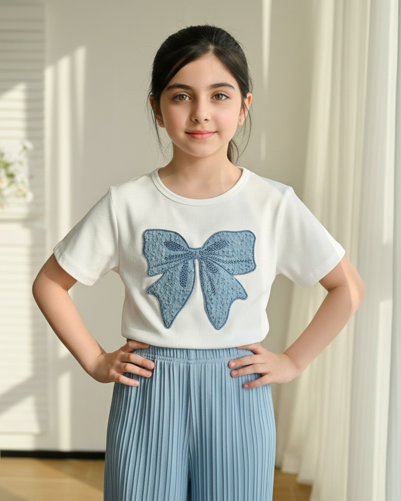 Tween Girls Blue Bow Embroidery White T-Shirt & Wide Leg Pants Set