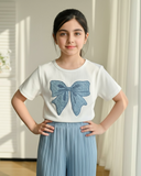 Tween Girls Blue Bow Embroidery White T-Shirt & Wide Leg Pants Set