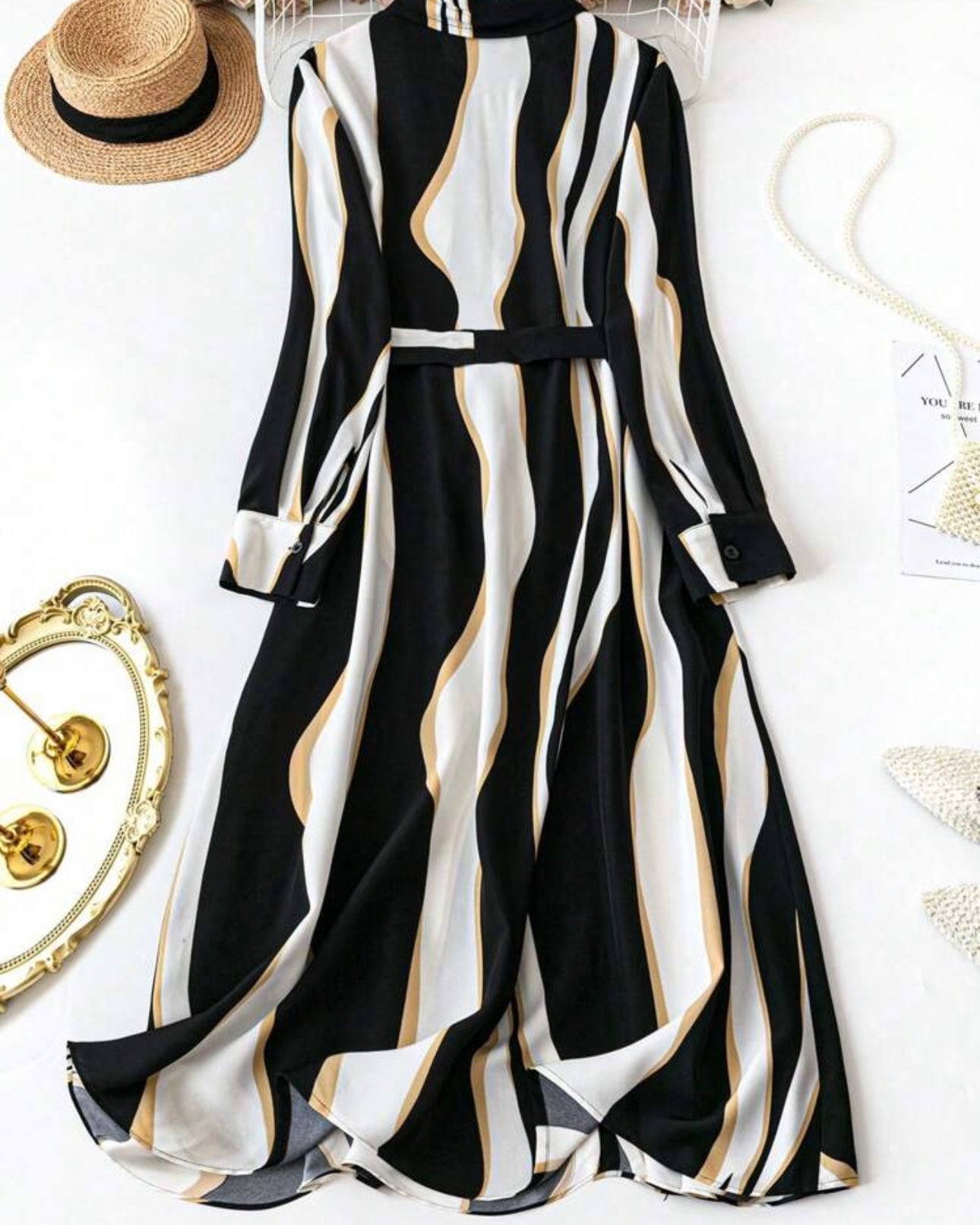 Women's Black Wave Striped Long Sleeve Casual Shirt Dress Maxi