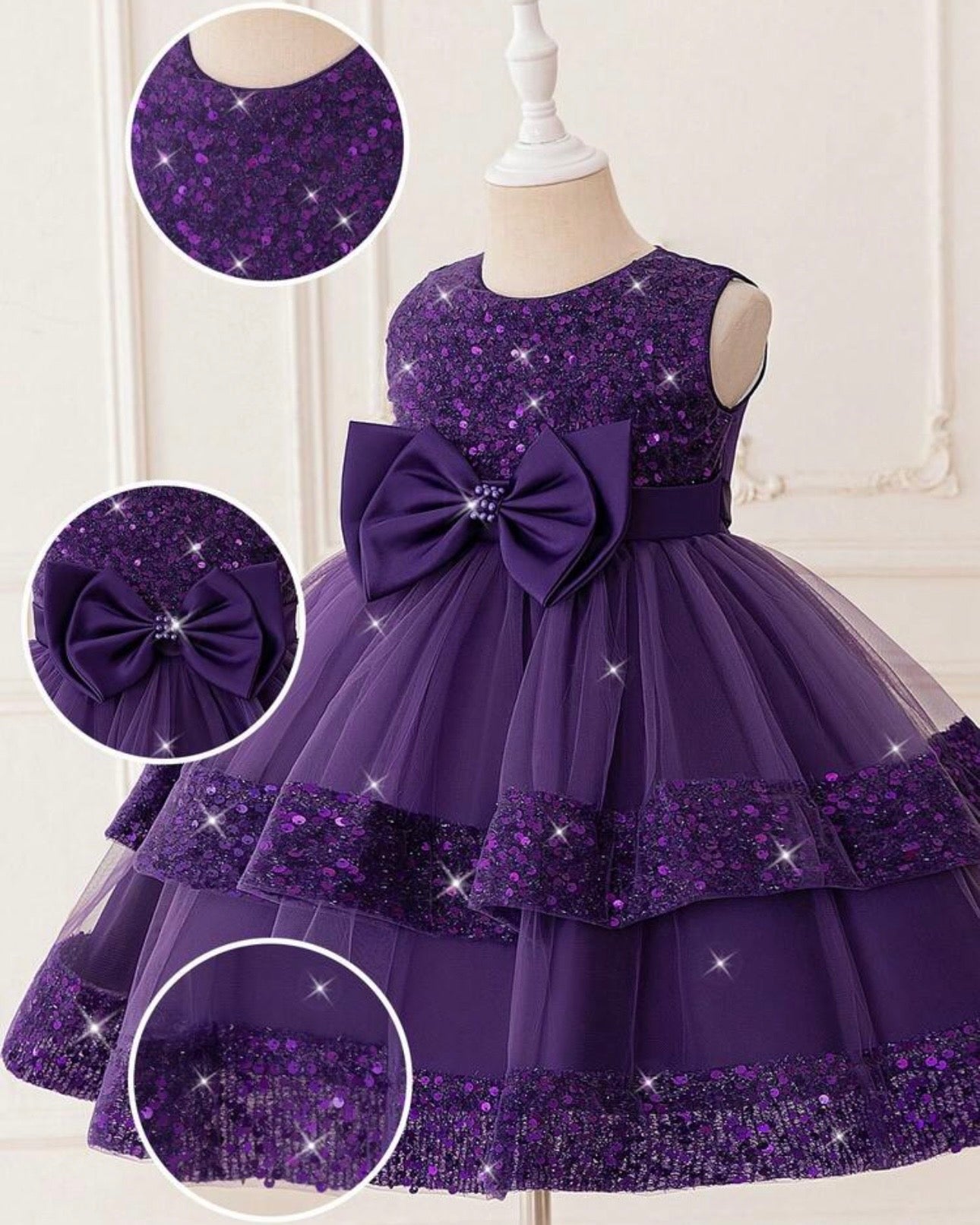 Young Girls Purple Elegant Sequin Bow Mesh Princess