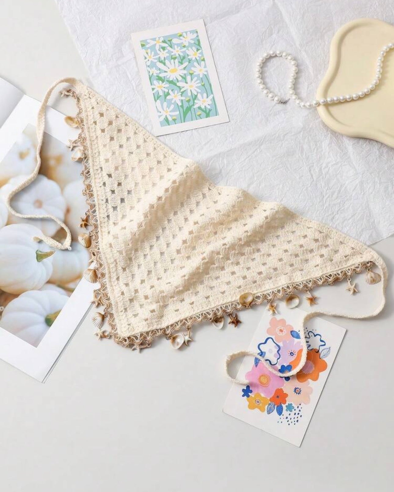 Beige crochet Bandana with Shell & Starfish Tassel