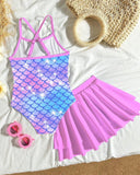 Girls Mermaid Print One-Piece Swimsuit with Skirt
