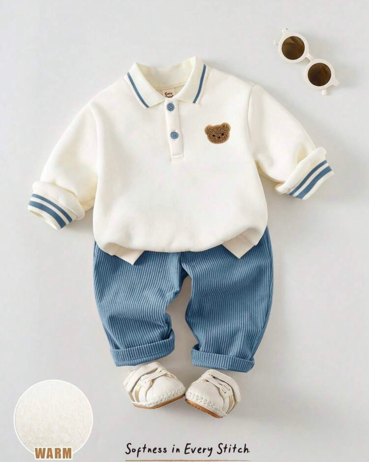 2pcs Baby Boy Bear Knit Pullover Sweatshirt & Dusty Blue Winter Pants