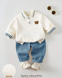 2pcs Baby Boy Bear Knit Pullover Sweatshirt & Dusty Blue Winter Pants