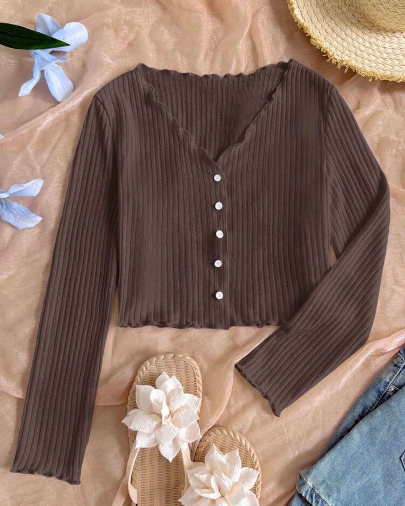 Tween Girls Ribbed V-Neck Ruffle Trim Button Front Cardigan