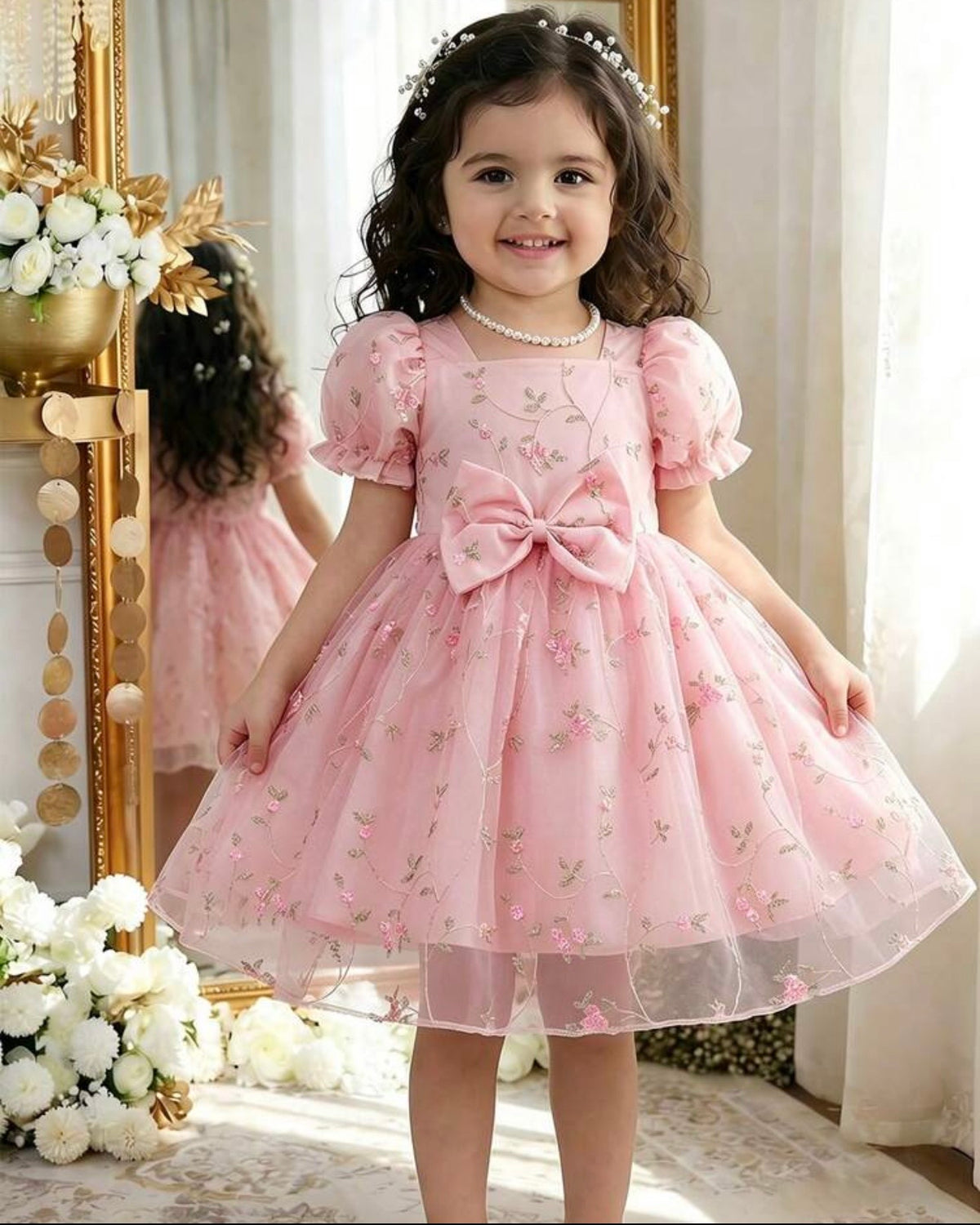 Baby Girl Pink Mesh Floral Puff Sleeve Princess Dress