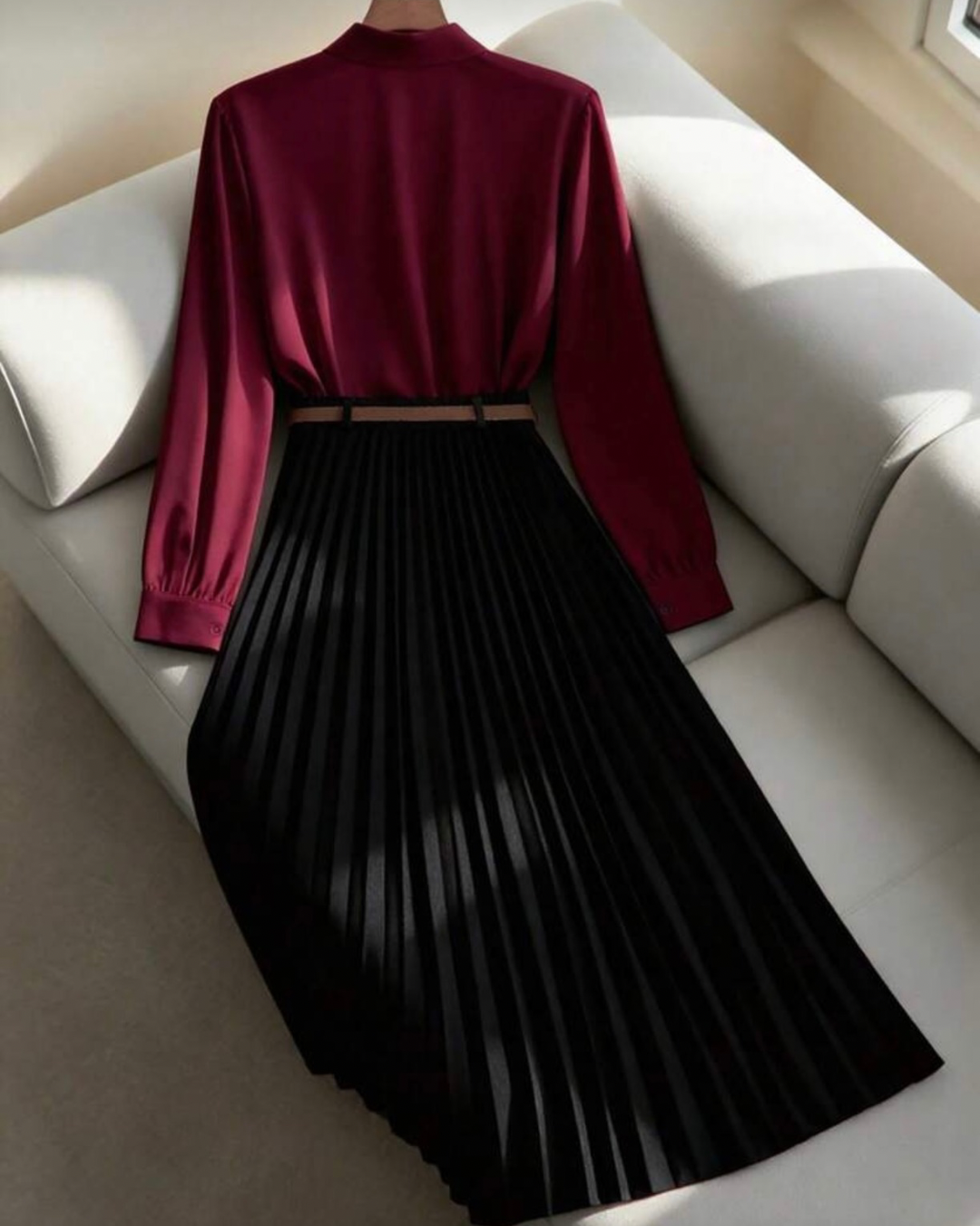 Solid Color Long Sleeve Shirt Paired With A-Line Skirt, Pleated Skirt Comes With Belt