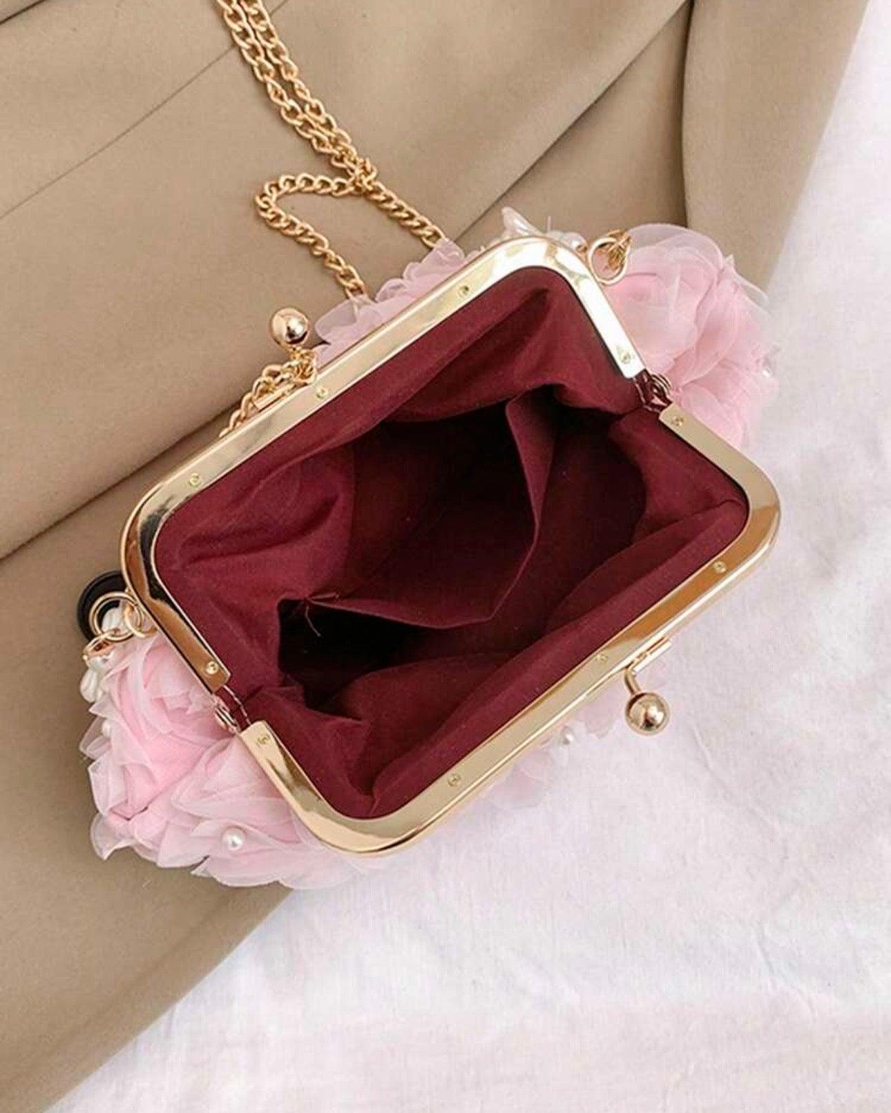 Pink Net Flower & White Pearl Clutch with Pearl Handle