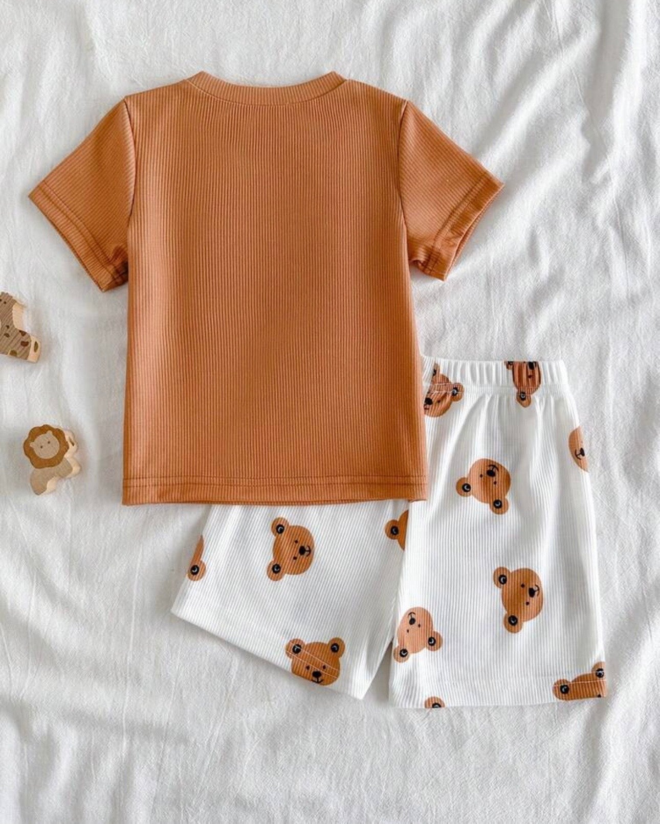 Baby Boy Brown Teddy Bear Ribbed Summer Set