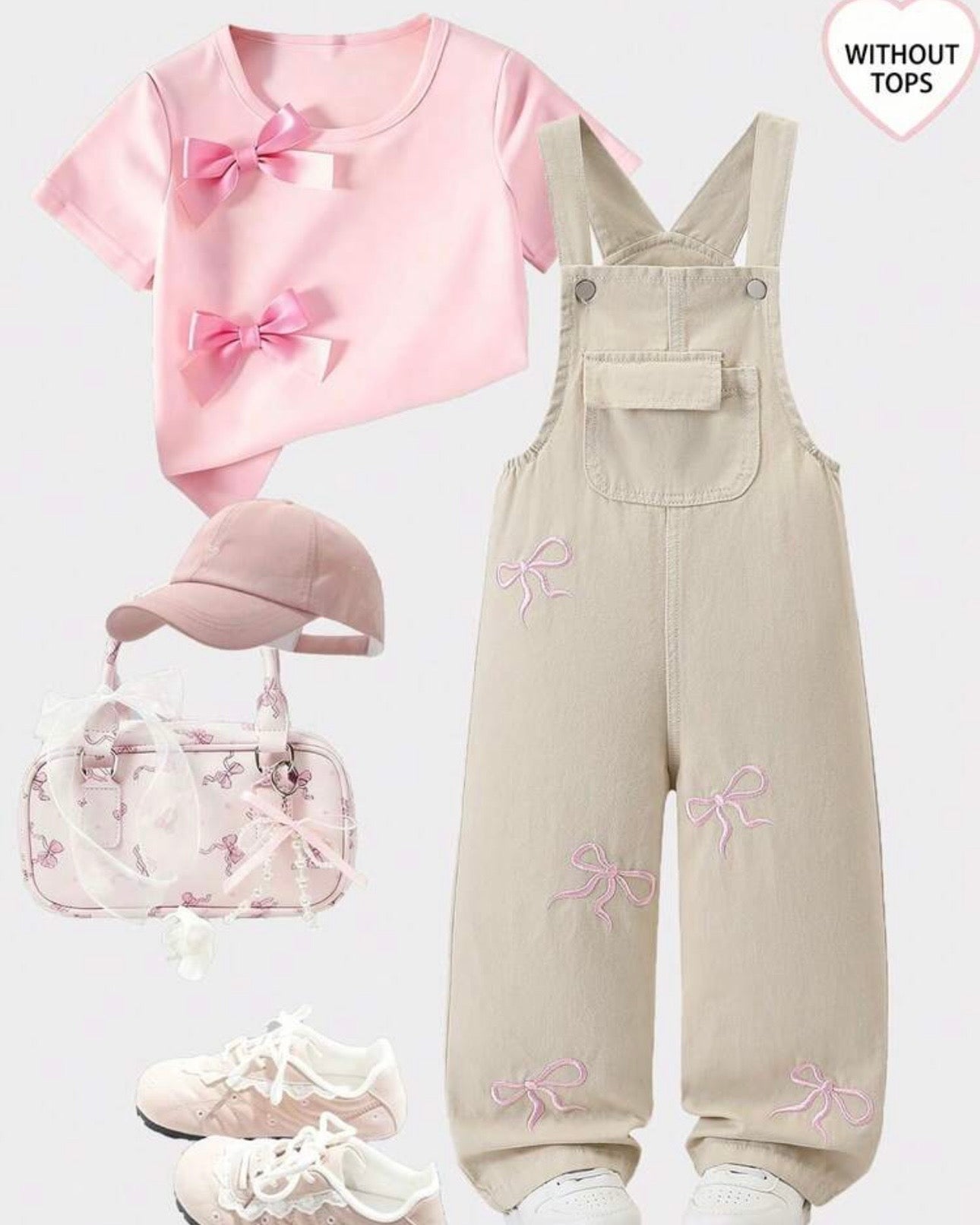 Girls Bow Embroidered Beige Denim Overalls – Cotton Straight Leg Jumpsuit
