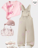 Girls Bow Embroidered Beige Denim Overalls – Cotton Straight Leg Jumpsuit