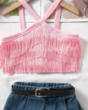 Girls Multi-Layer Tassel Halter Neck Summer Top