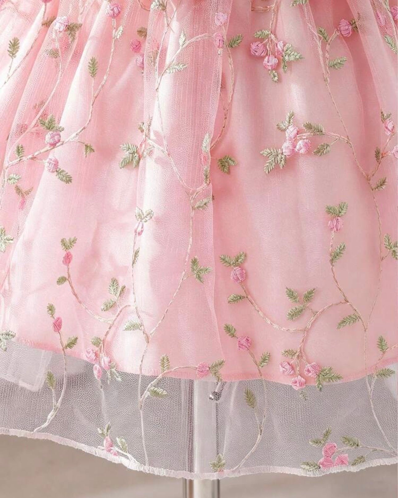 Baby Girl Pink Mesh Floral Puff Sleeve Princess Dress