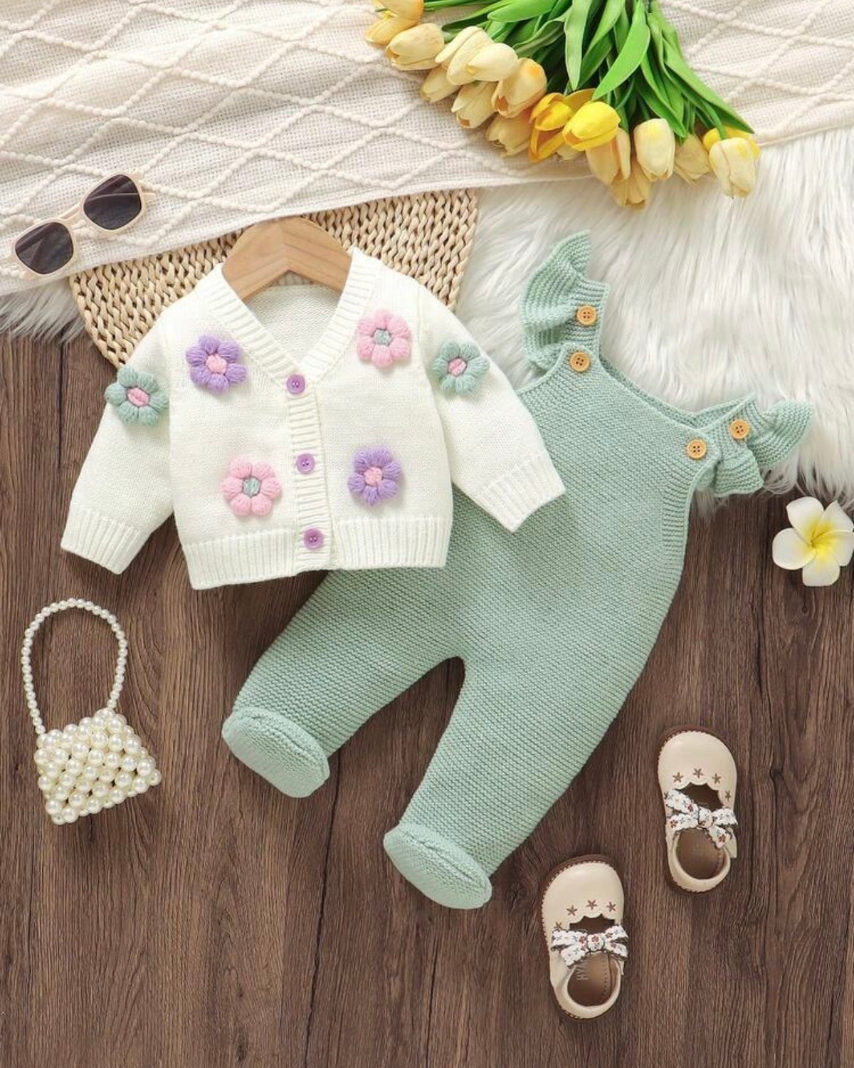 Newborn Baby Girl Green 3D Floral Pattern Knitted Cardigan And Romper