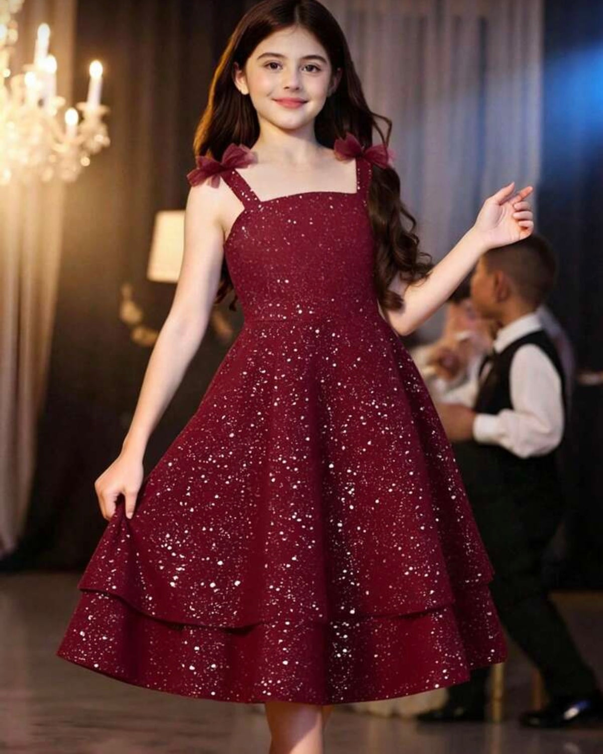 Girls bow knot Decor A-Line Flounce Mesh Slip Dress