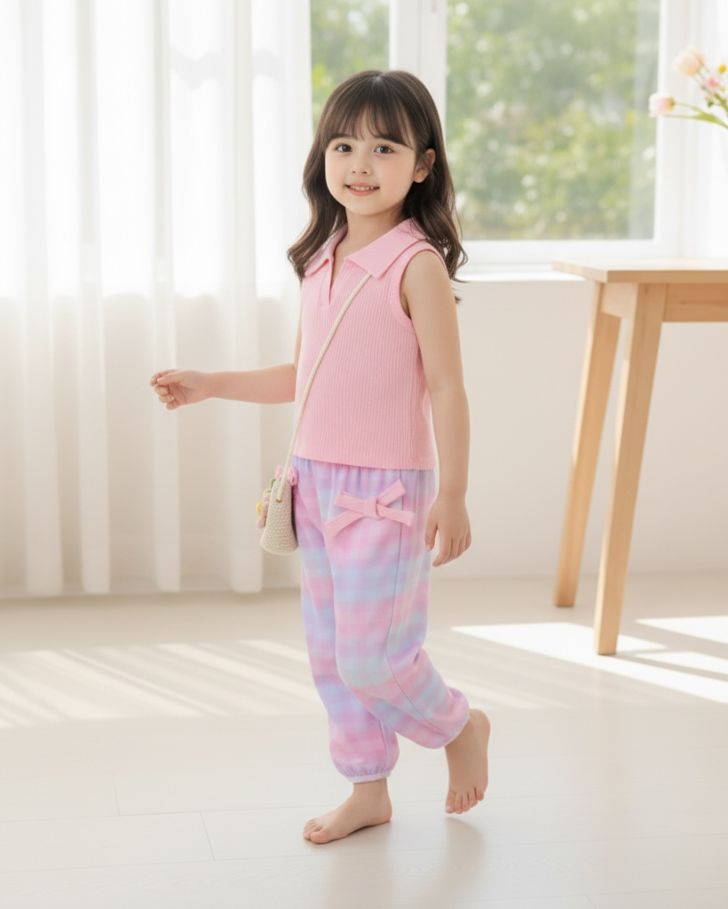 2pcs Girls’ Pink Knit Shirt & Ombre Plaid Pants