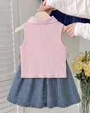 Girls’ Pink Polo Knit Top & Light Blue Heart Print Denim Skirt
