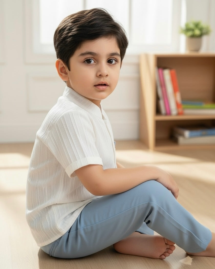 Boys 2pcs White Vertical Striped Short Sleeve Shirt & Blue Pants
