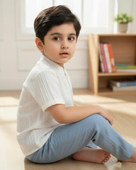 Boys 2pcs White Vertical Striped Short Sleeve Shirt & Blue Pants