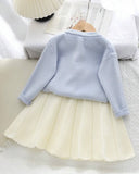 Girls' Blue Long Sleeve Floral Pom Pom Decorated Sweater And Pleated Skirt