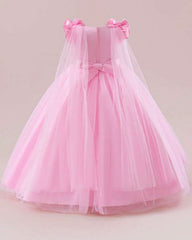 Girls Pink Floral Lace Princess Dress – Bowknot Long Gown