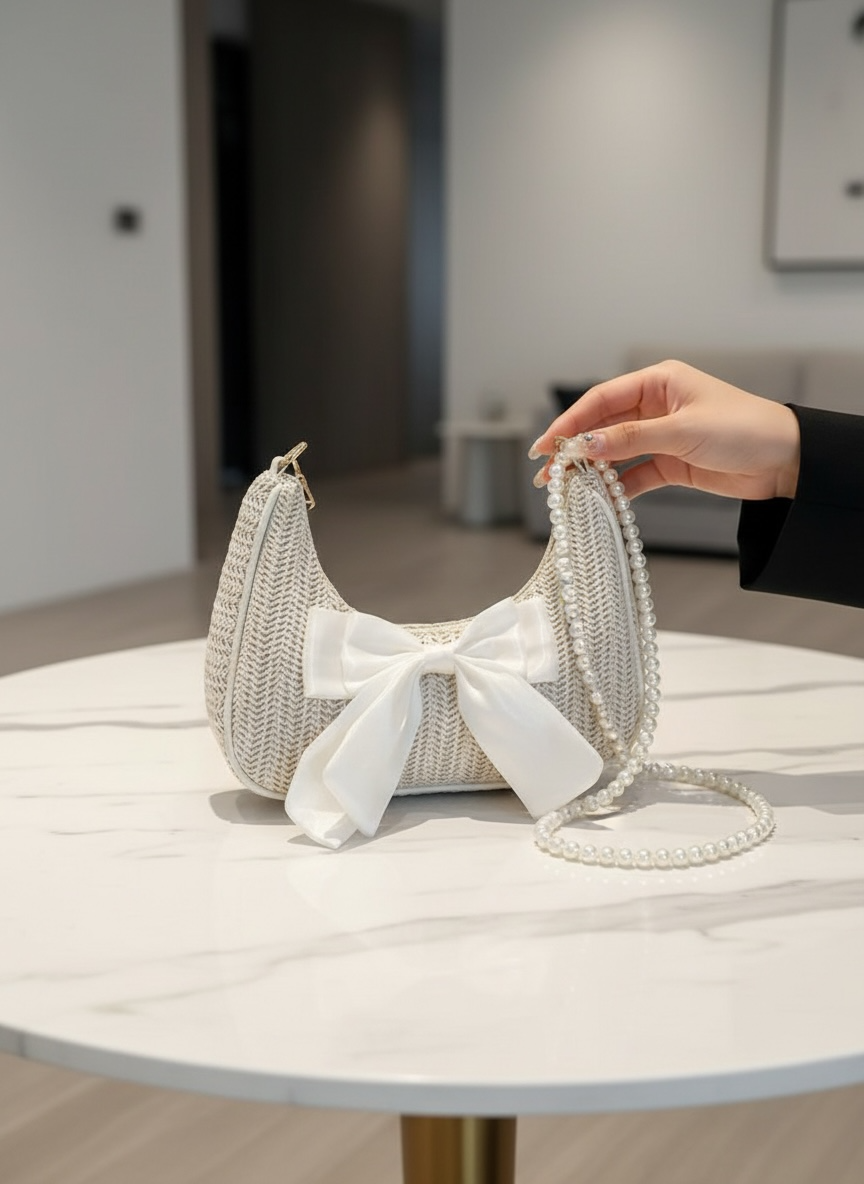 Straw Crescent Handbag For Women – Chain Shoulder Beach