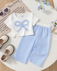 2pcs Baby Girl Sky Blue Striped Bow T-Shirt & Pants Set