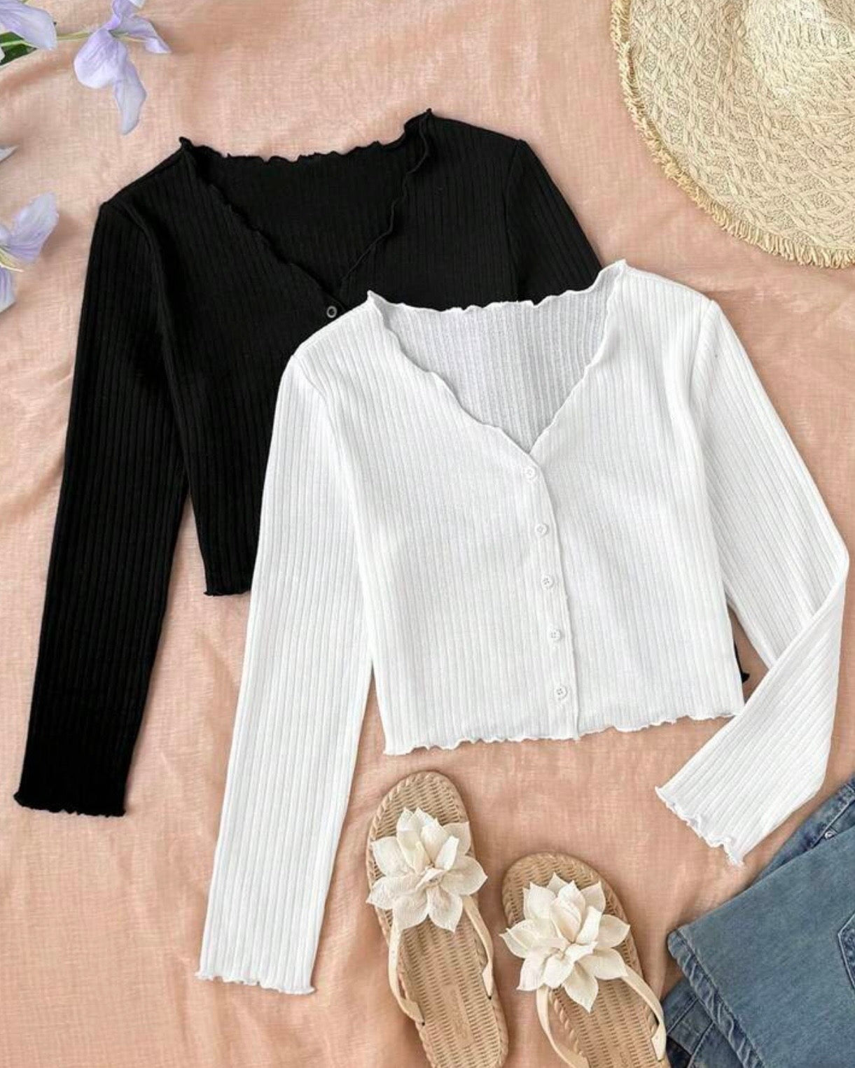Tween Girls Pack of 2 White and Black V-Neck Ruffle Cardigans