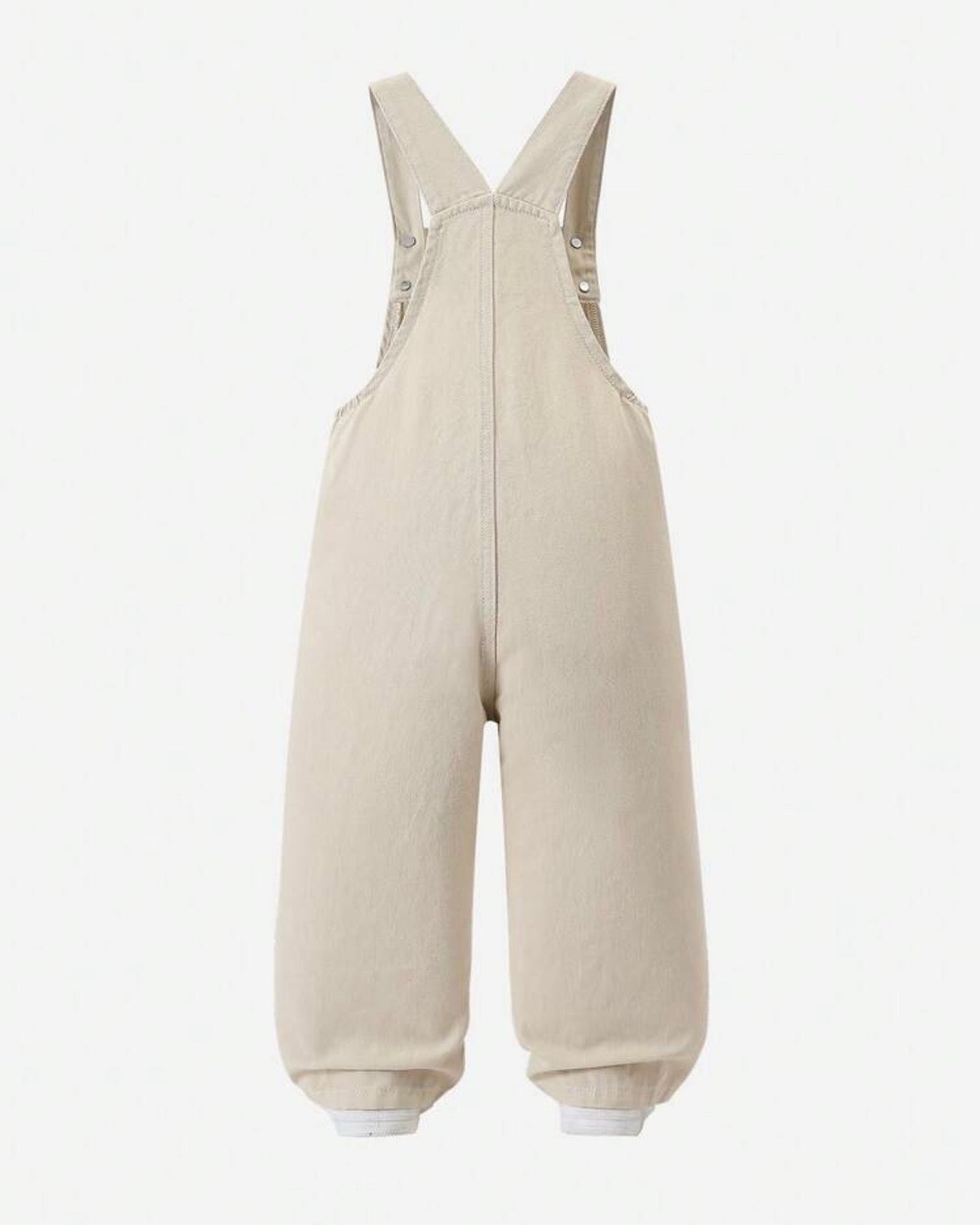 Girls Bow Embroidered Beige Denim Overalls – Cotton Straight Leg Jumpsuit