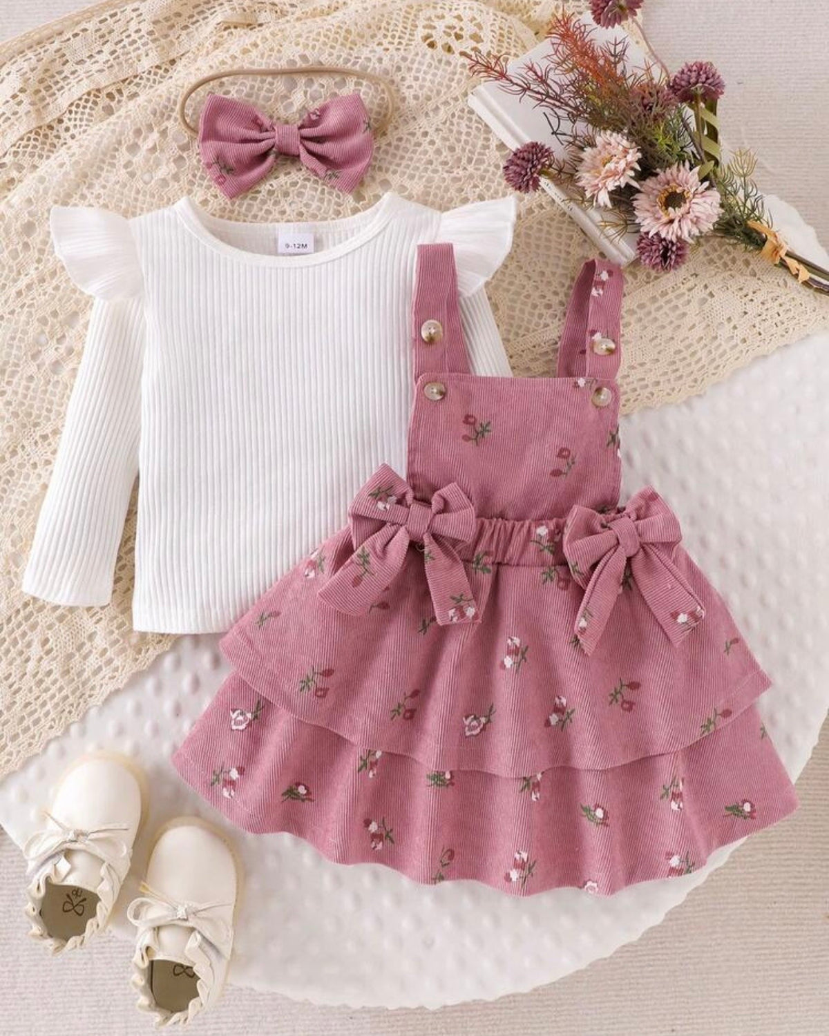 3-Piece Baby Girl  Pink Floral Ruffle Suspender Dress with Top & Bow Headband