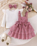 3-Piece Baby Girl  Pink Floral Ruffle Suspender Dress with Top & Bow Headband