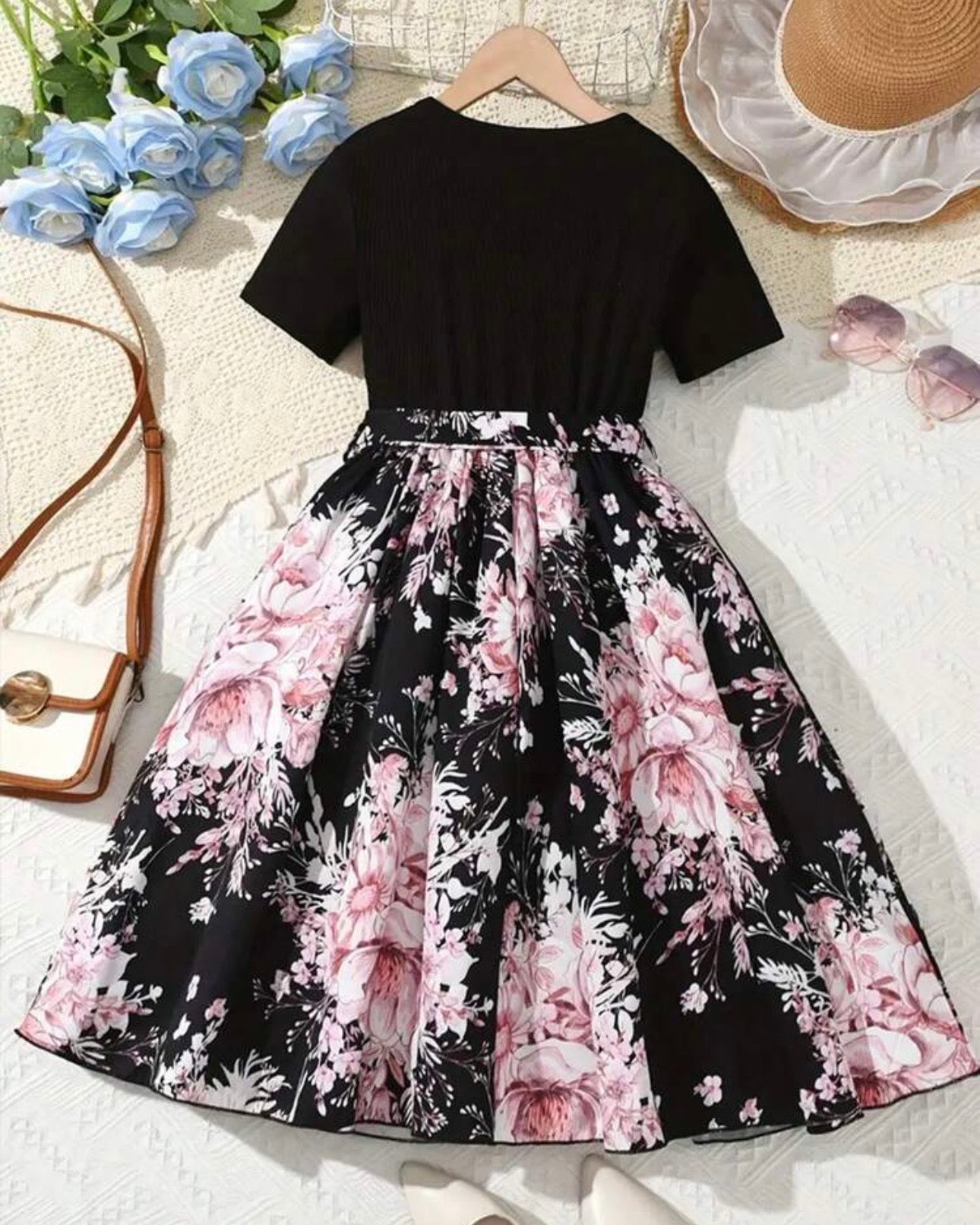 Sweet Black & Pink Floral Patchwork Dress – Summer Ready