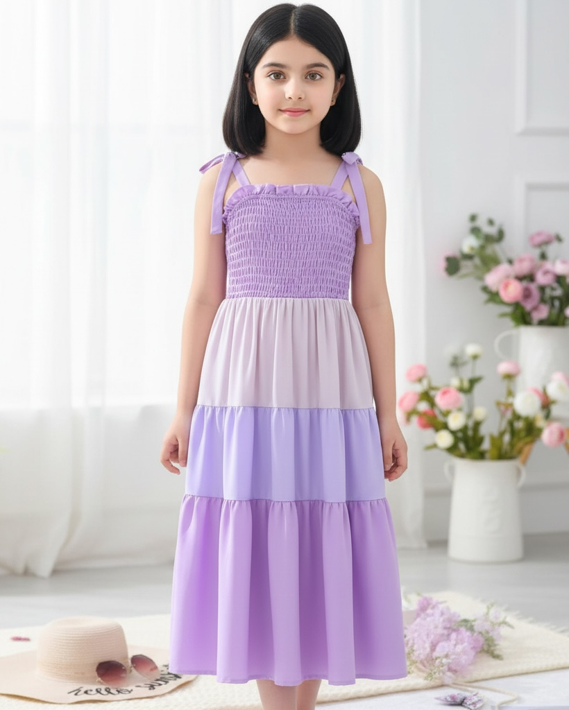 Tween Girl Purple Colorblock Shoulder Ruffle Hem Cami Dress