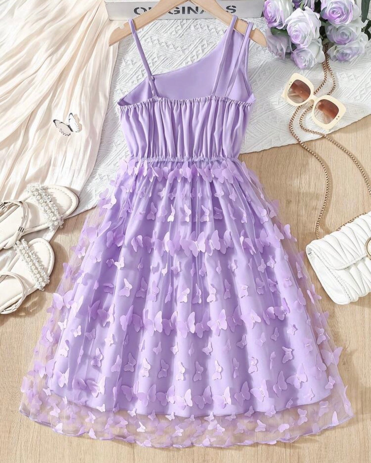 Tween Girls Purple Floral 3D Butterfly Applique Mesh Princess Dress