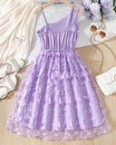 Tween Girls Purple Floral 3D Butterfly Applique Mesh Princess Dress