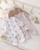 3-Piece Baby Footed Romper Set – Cute White Bear Print & Striped