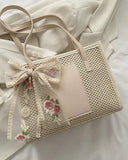 Women’s Large Capacity Straw Tote Bag with Scarf