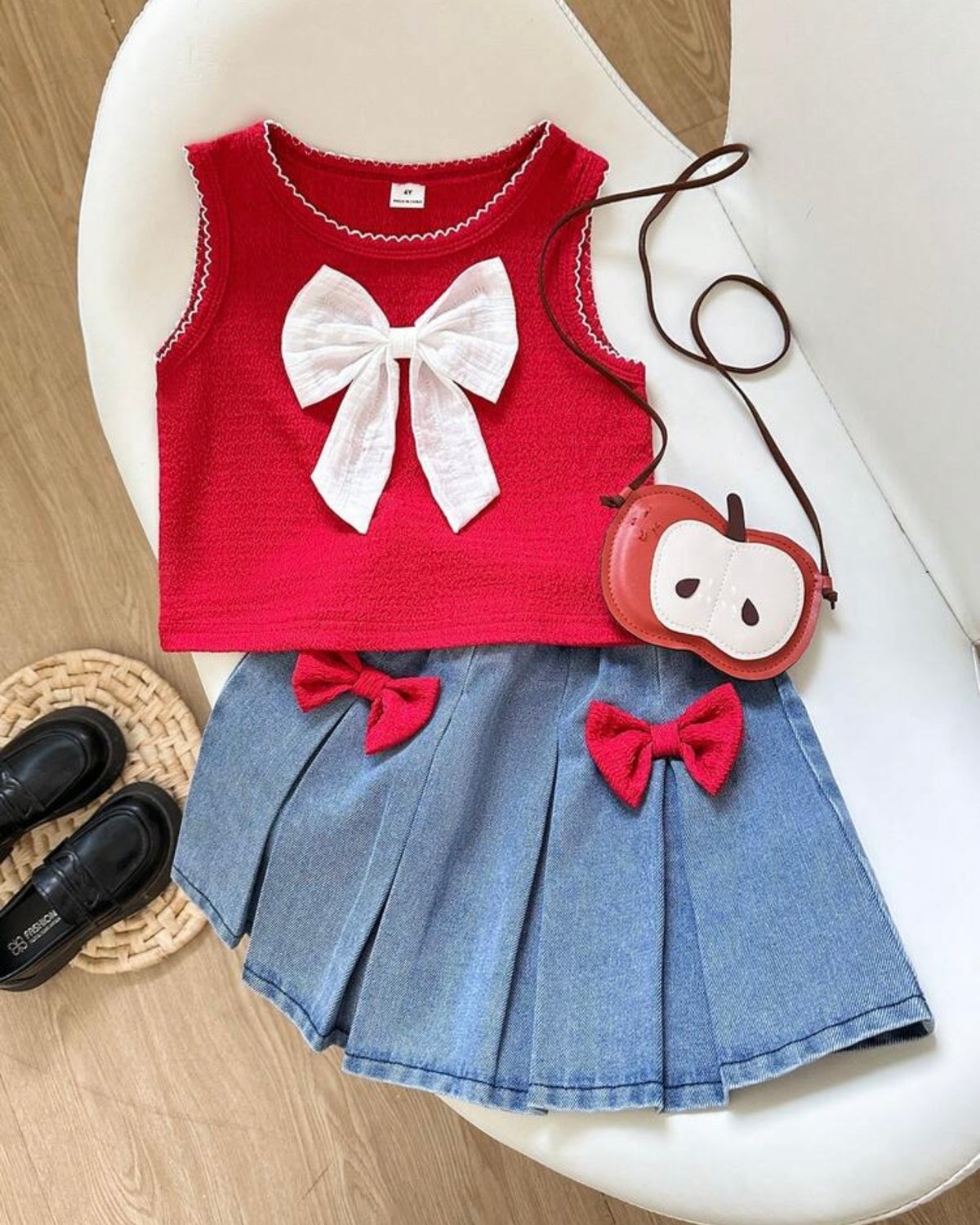 Girls Red Bow Top & Frilled Denim Skirt Set