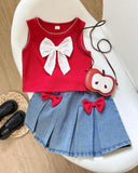 Girls Red Bow Top & Frilled Denim Skirt Set