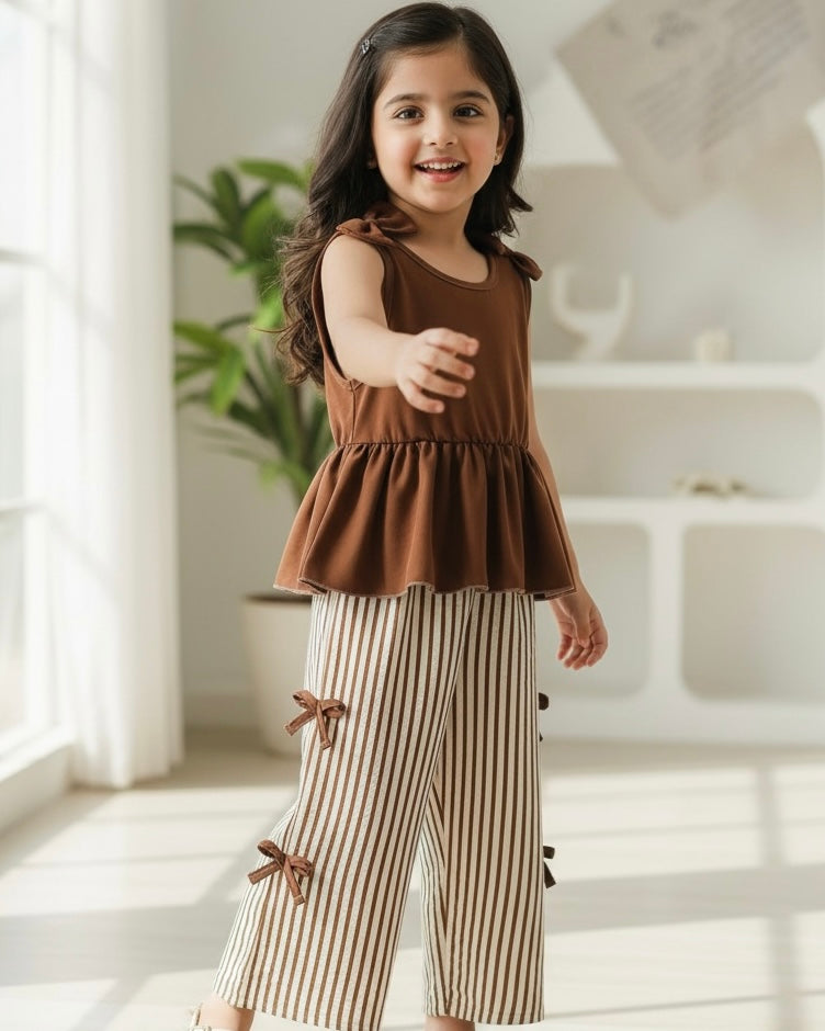 Brown Korean Style Pleated Top & Striped Wide Leg Pants Set