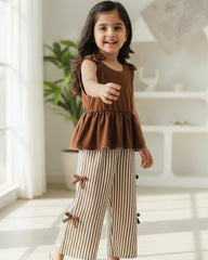 Brown Korean Style Pleated Top & Striped Wide Leg Pants Set