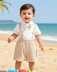 2pcs Baby Boy British Style Gentleman Outfit – Bow Tie Shirt & Suspender Shorts Set (Summer)