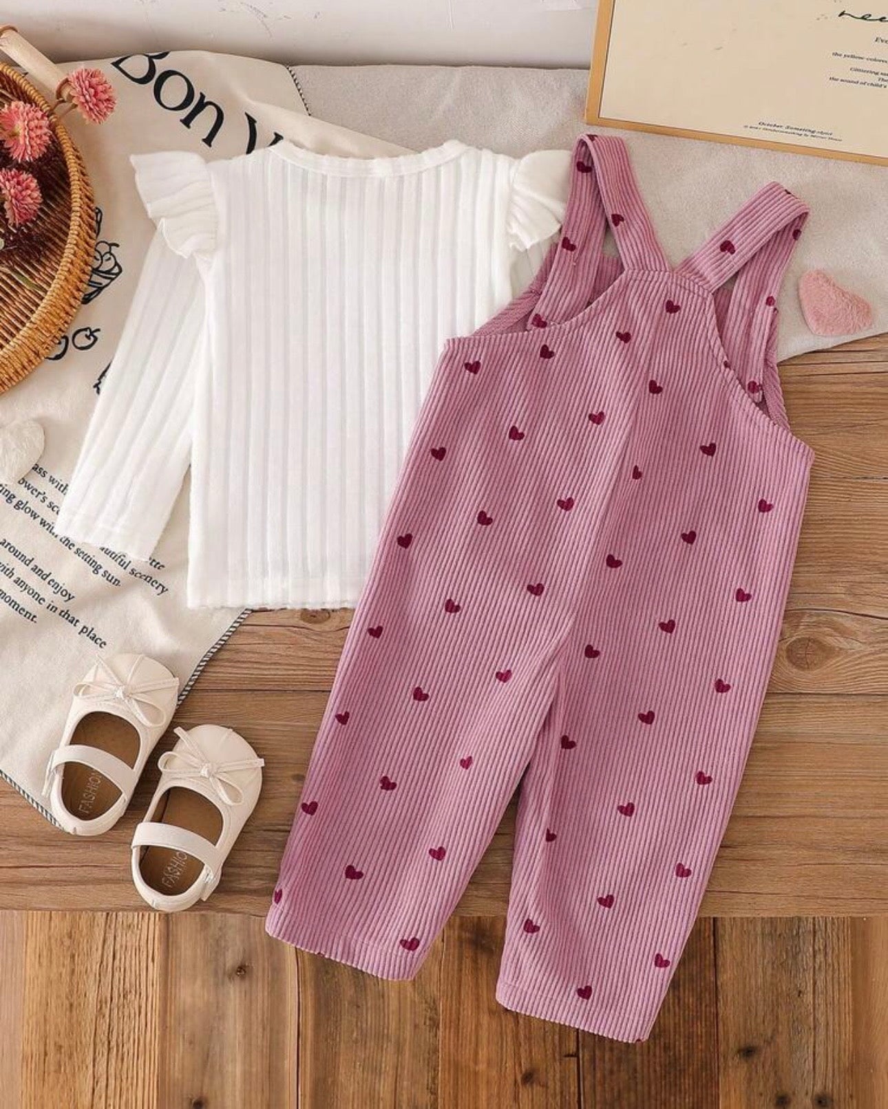 Baby Girl Heart Corduroy Overall Set, 2-Piece Winter Outfit